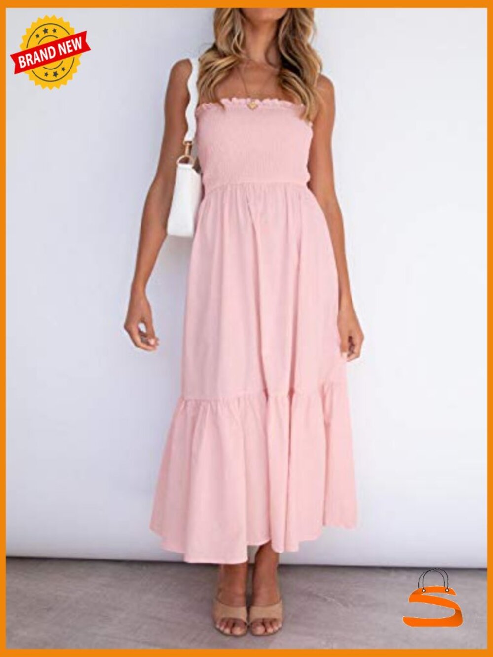 Strapless Smocked Maxi Dress with Ruffle Trim A-Line Summer Beach - Picture 4 of 7
